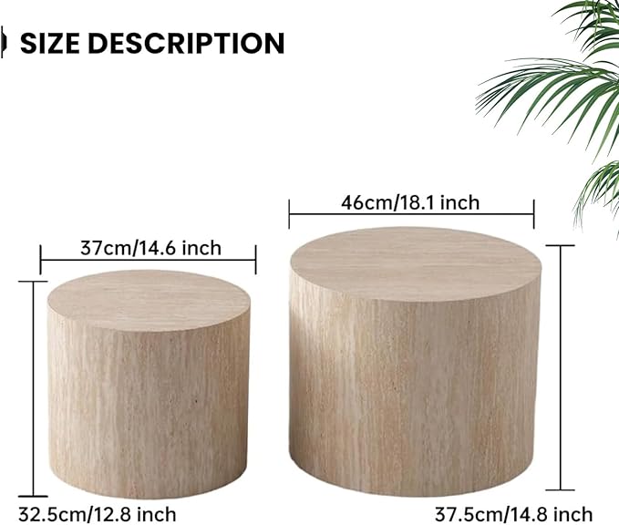 Nesting Coffee Table Set of 2, Modern Round Coffee Table with Non-Slip Feet, Wooden Circle Accent Tables for Small Spaces Living Room Bedroom Balcony Office Drum Side Table (C Travertine)