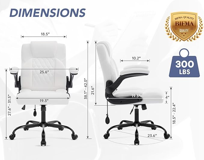 Office Chair with Adjustable Lumbar Support,Leather Ergonomic Computer Desk Chair with Flip-up Arms,Adjustable Tilt Lock,Swivel Rolling Executive PC Chair for Work, Study,Meeting,Small Space.White