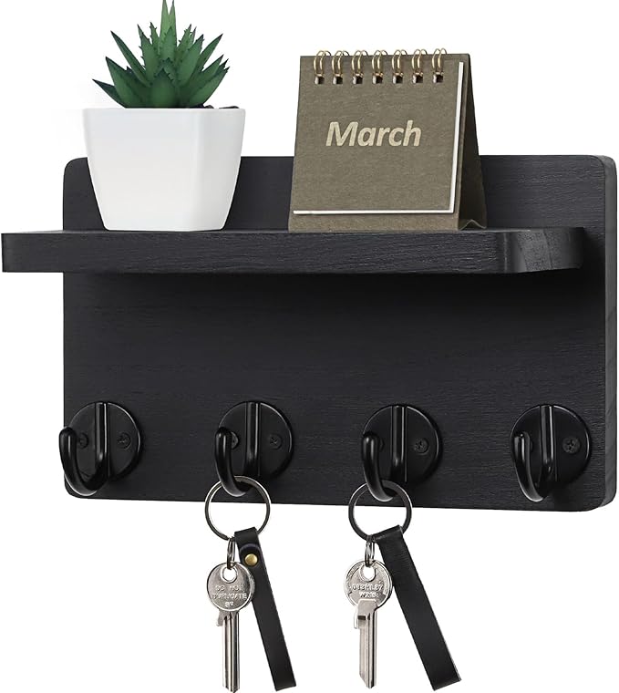 Nekon Key Holder Wall Mount, 8.5 Inch Small Home Decor Wooden Wall Organizer with 4 Hooks and Shelf, Wall Decor for Living Room Entryway Kitchen (Black)