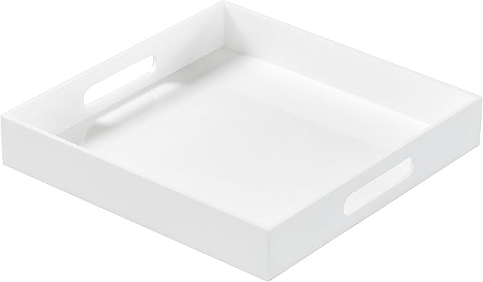 Glossy White Acrylic Serving Tray with Handles-Acrylic Tray for Ottoman,Coffee Table, Breakfast, Tea, Food, Butler - Decorative Tray (12x12x2H Inch with, White)