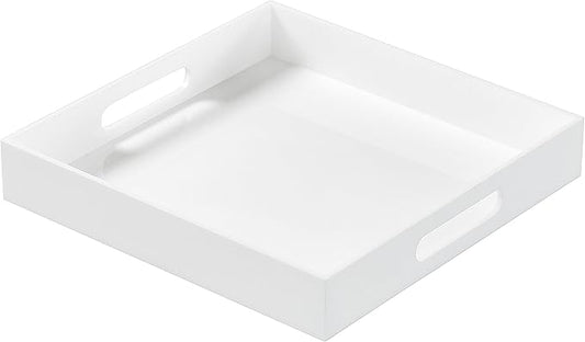 Glossy White Acrylic Serving Tray with Handles-Acrylic Tray for Ottoman,Coffee Table, Breakfast, Tea, Food, Butler - Decorative Tray (12x12x2H Inch with, White)