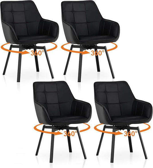 TUKAILAi Swivel Dining Chairs Set of 4, Faux Leather Upholstered Mid Century Accent Chairs with Metal Legs, Rotatable Armchairs for Home Kitchen Restaurant (Black)