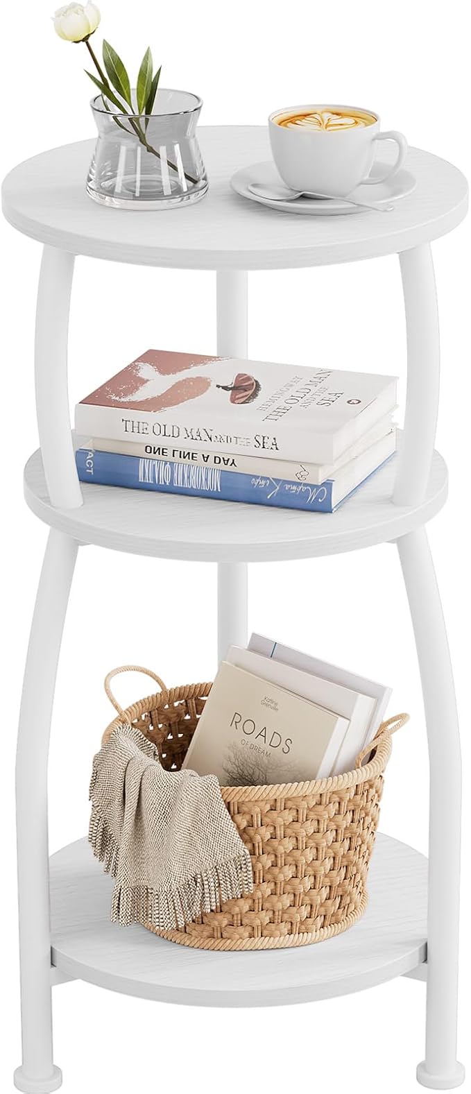 Small Round Side Table, 3-Tier End Table with Storage Shelf, Slim Sofa Table Coffee Table, Sturdy & Easy Assemble Nightstand for Small Spaces, Living Room Bedroom Corner, White