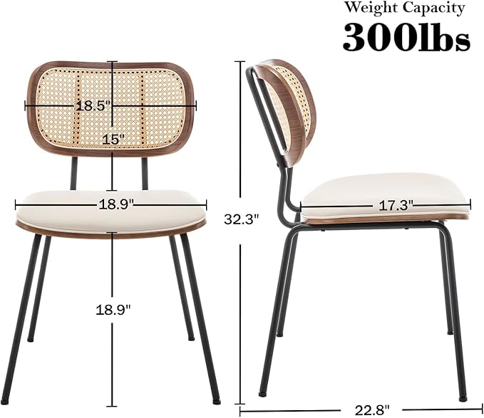 Rattan Dining Chairs Set of 2, Mid Century Modern Dining Chairs with Cane Back for Kitchen Dining Room, 19 Inch Faux Leather Beige