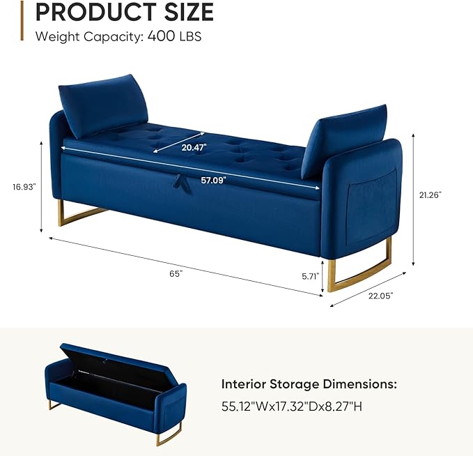 65" Storage Ottoman Bench, End of Bed Storage Bench King Size with Tufted Button Upholstered and Gold Legs, Bedroom Benches with Armrests for Living Room Window and Entryway, Navy Blue