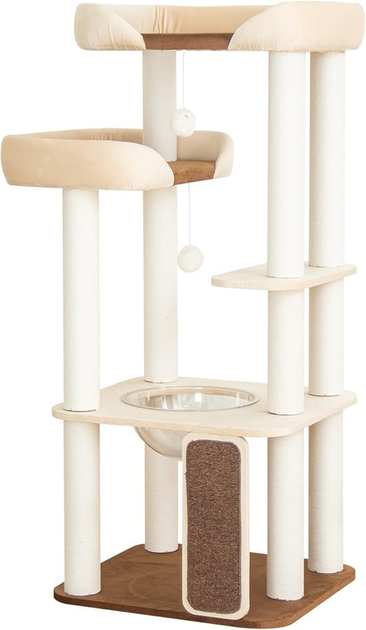 53'' Wooden Cat Tree Tower for Indoor Cats, Modern Natural Wood Cat Furniture with Cozy Beds, Scratching Post and Clear Hammock for Kittens and Adult Cats (White)