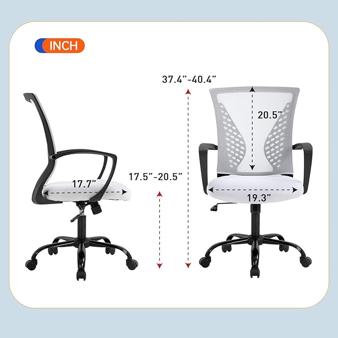 Mesh Office Chair Ergonomic Desk Chair Computer Chair with Lumbar Support Armrest Rolling Swivel Task Mid Back Adjustable Chair for Adults, White