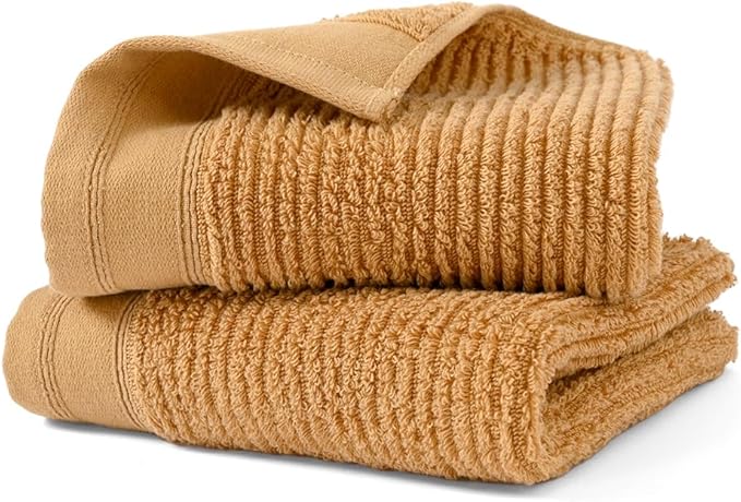 YiLUOMO Super Soft Mustard Orange Hand Towel Set of 2 Ribbed Striped Pattern 100% Cotton Absorbent Decorative Towel for Bathroom 13 x 29 Inch