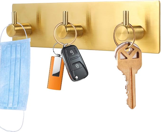 Picowe Key Holder for Wall Decorative, Adhesive Stainless Steel Key Hooks, Key Hanger Key Organizer for Wall, Towel Hook Coat Hanger for Entryway Hallway Kitchen(Three Rows,Golden 1PCS)