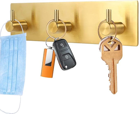 Picowe Key Holder for Wall Decorative, Adhesive Stainless Steel Key Hooks, Key Hanger Key Organizer for Wall, Towel Hook Coat Hanger for Entryway Hallway Kitchen(Three Rows,Golden 1PCS)