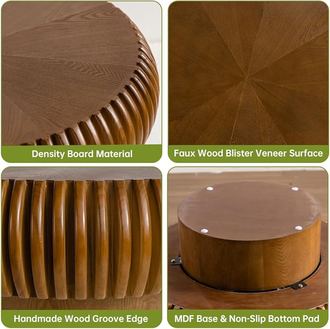 Brown Round Coffee Table for Living Room Round Fluted Drum Coffee Table Modern Walnut Fluted Coffee Tables for Living Room (Walnut, 39.3 inch)
