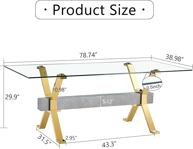 79" Glass Dining Table, Modern Kitchen Table, Modern Dining Table for 8, 0.5" Thick Tempered Glass Tabletop with Gold Chrome Metal Legs and Grey Crossbar, Ideal for Dining Room, Kitchen