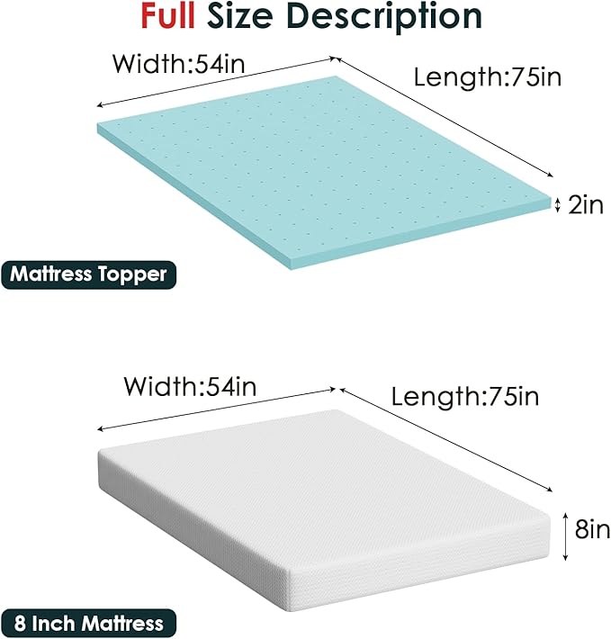 FDW | 8" Full Mattress + 2" Cooling Mattress Topper | Gel Memory Foam | Medium Firm Feel | White | with Washable Cover for Cool Sleep and Pressure Relief | Bed in a Box, CertiPUR-US Certified