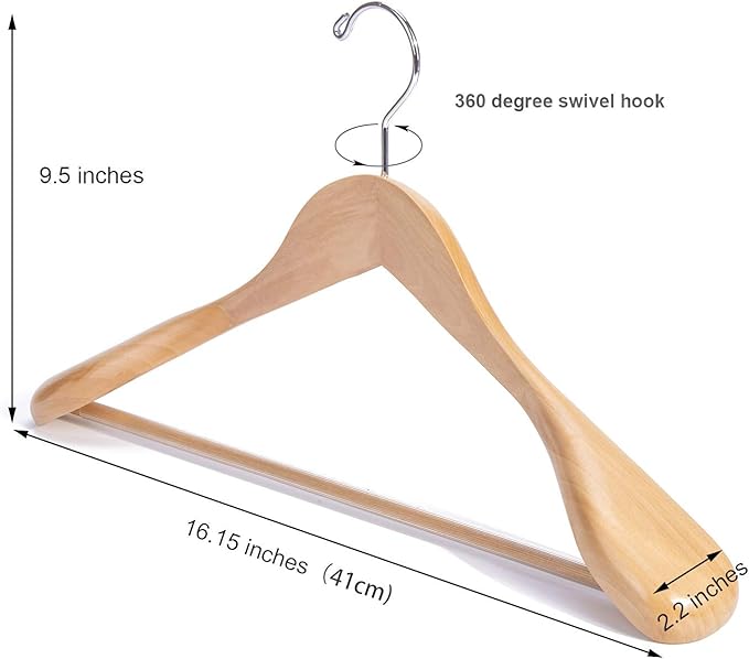 Nature Smile Wooden Suit Coat Hangers 16 inch Wood Jacket Outerwear Shirt Hangers Anti Slip Bar with Screw 6 Pack (Natural)