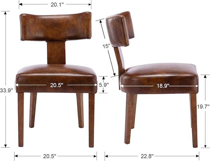 Mid Century Modern Dining Chairs Set of 2 PU Leather Upholstered Side Chairs, Modern Kitchen Armless Parson Chairs Solid Wood Dining Chairs, Brown