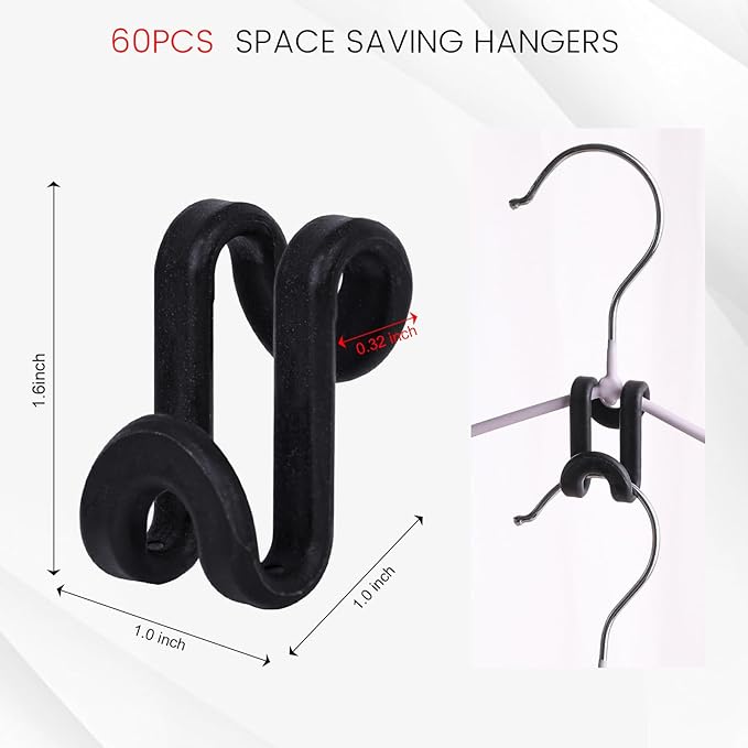 Hanger Hooks Space Saving, 60PCS Clothes Hanger Connector Hooks Closet Space Savers for Hanging Clothes, Black