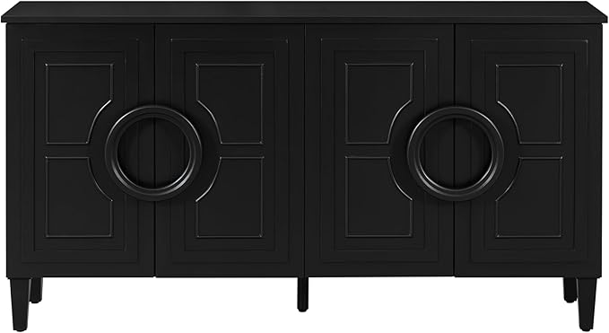 Modern Retro Sideboard Storage Cabinet with 4 Doors and Round Ring Handle, Wood 59'' Accent Entryway Console Table for Living Rooms Entrance Dining Room (Black-FI)