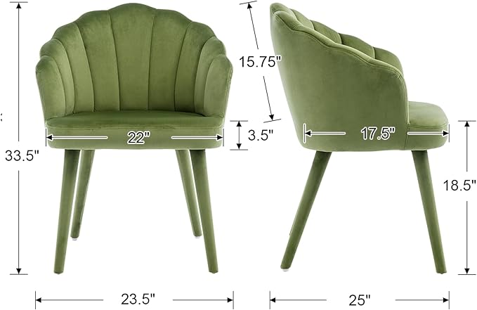 Velvet Dining Chairs Set of 2 Modern Living Room Chairs with Petal Back & Wood Legs Comfy Upholstered Side Chair for Dining Room/Bedroom/Vanity, Olive