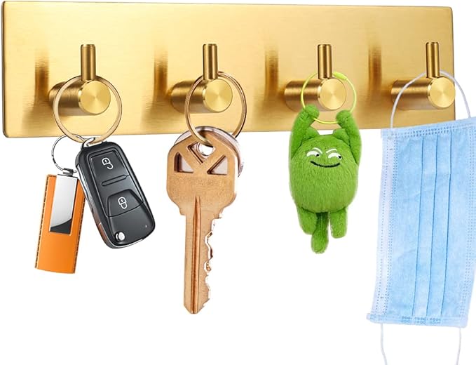 Picowe Key Holder for Christmas Wall Decorative, Adhesive Stainless Steel Key Hooks, Key Hanger Key Organizer Towel Hook Coat Hanger for Entryway Hallway Kitchen (Four Rows, Golden 1 PC)