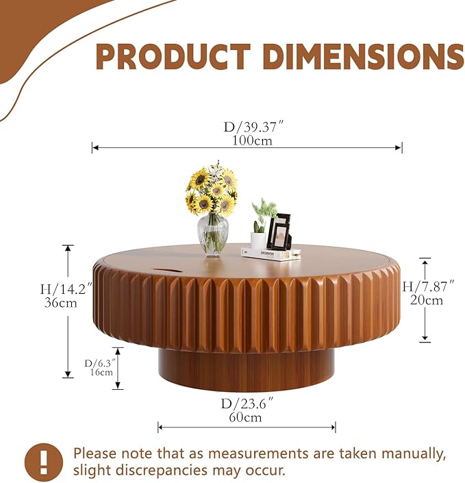 Round Drum Coffee Table with Storage Modern Coffee Table with Solid Wood Veneered Circle Center Table Accent Tea Table for Living Room Apartment Small Space (39.4in)