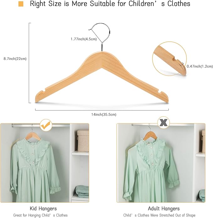 Nature Smile Juniors Preteen Older Children Wooden Coat Hangers 14 Inches Wood Dress Shirt Jacket Hangers with Anti-Rust Hook (20 Pack Natural)