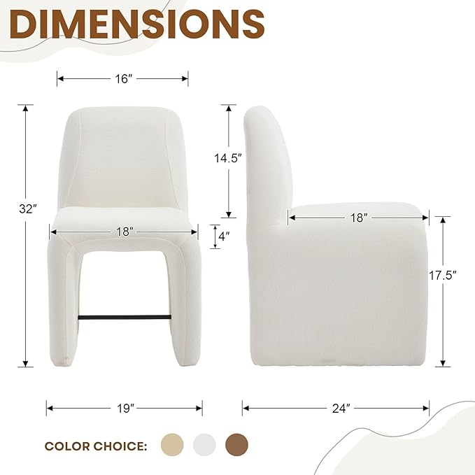 White Upholstered Chenille Dining Chairs Set of 2, Mid Century Modern Dining Room Chairs with Deep Seat & Curved Back, Armless Side Chair Comfy Kitchen Chairs for Living Room/Kitchen