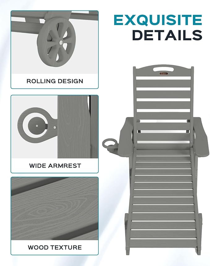 Outdoor Chaise Lounge Chair Set of 2, Patio Lounge Chairs for Outside, HDPE Lounge Chairs with Wheels & Cup Holder, Poly Lounge Chair with 5 Position for Poolside, Deck, Grey