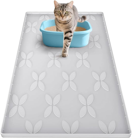 Cat Litter Mat, Large 34" x 22" Litter Box Mat, Waterproof Silicone Litter Mat for Litter Box, Non-Slip, Easy to Clean (Light Grey)