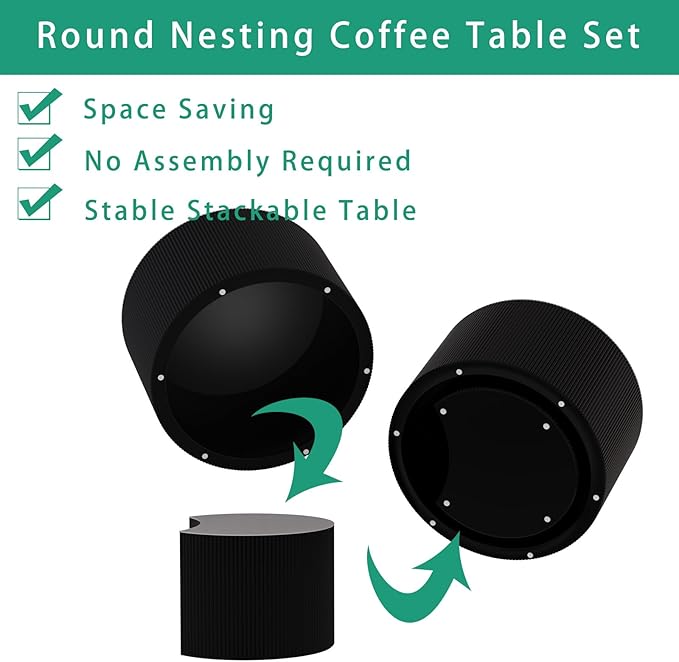 Round Nesting Coffee Table Set 2 Piece, Modern DrumStackable Side Table for Living Room/Bedroom Small, Space-Saving Accent Furniture with Scratch-Resistant Design (A Black 27.56 in)