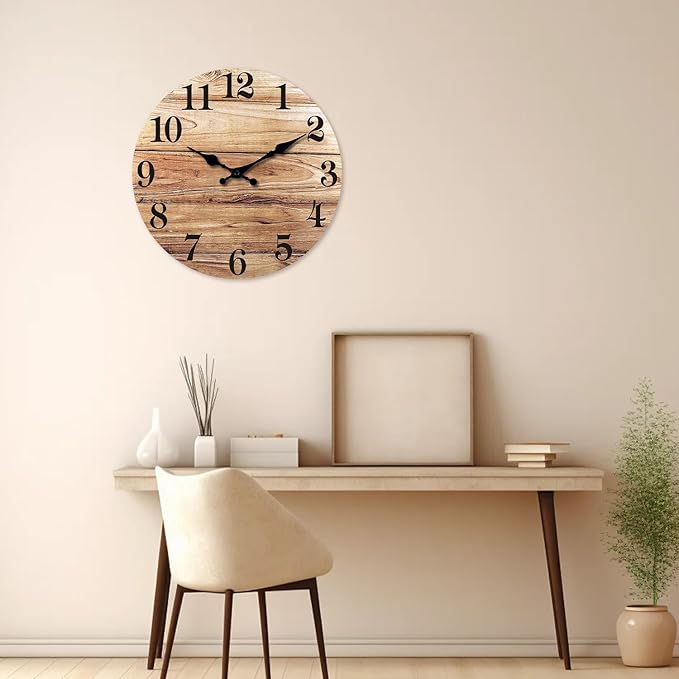 XNM Brown Rustic Wall Clocks Battery Operated 20 Inch Wood Office Clock Analog Large Wall Clock Silent(MDF No Solid Wood)