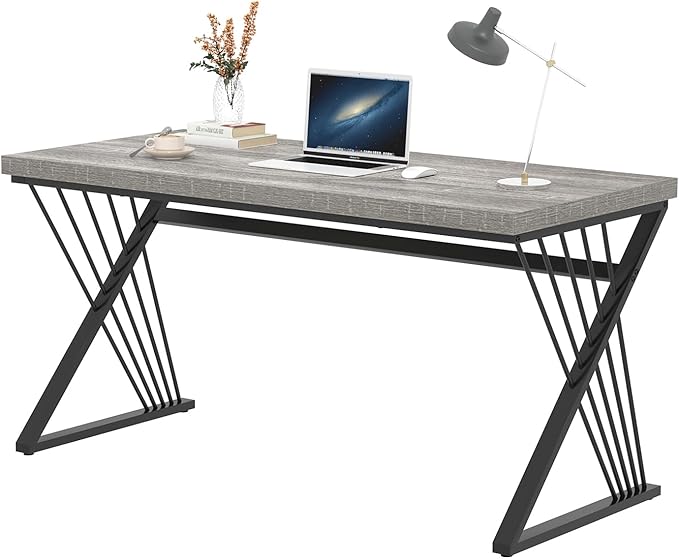 FOLUBAN Modern Desk, Rustic Wood and Metal Computer Desks for Home Office, Simple Study Writing Work Table for Bedroom Living Room, Light Grey, 60 Inch