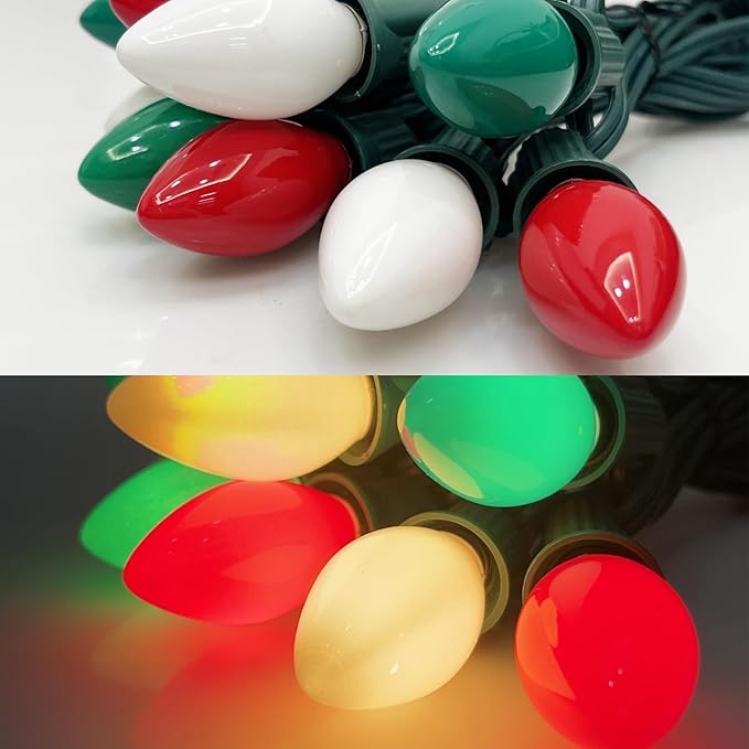 SUNSGNE C7 Christmas String Lights 25 Feet Outdoor String Lights with 27 5W Red Green White Glass Light Bulbs(2 Spare) for Backyard Patio Garden Xmas Decor, Green Wire