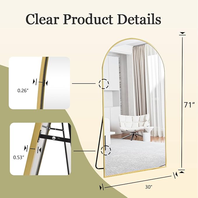 BEAUTYPEAK 71"x30" Arch Full Body Floor Mirror, Full Length Mirror Wall Mirrors Hanging or Leaning Arched-Top with Stand for Bedroom, Dressing Room, Gold