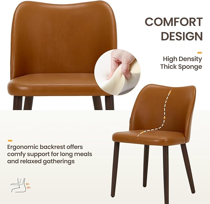 Wooden Dining Chairs Set of 6, Upholstered Kitchen Dining Room Chair, Modern Faux Leather Farmhouse Dinner Chair for Restaurant & Cafe, Light Brown