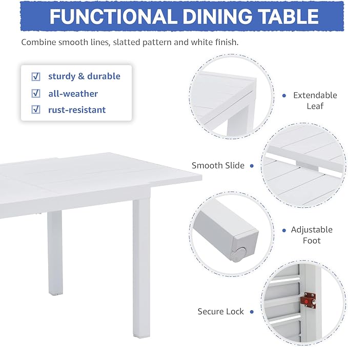 Soleil Jardin Aluminum Patio Extendable Dining Table, 59" - 83", Adjustable Indoor Outdoor Furniture Rectangle Table for 6-8 Person Porch Deck Garden, White