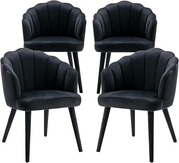 Velvet Dining Chairs Set of 4 Modern Living Room Chairs with Petal Back & Wood Legs Comfy Upholstered Side Chair Accent Chair for Dining Room/Bedroom/Vanity, Black