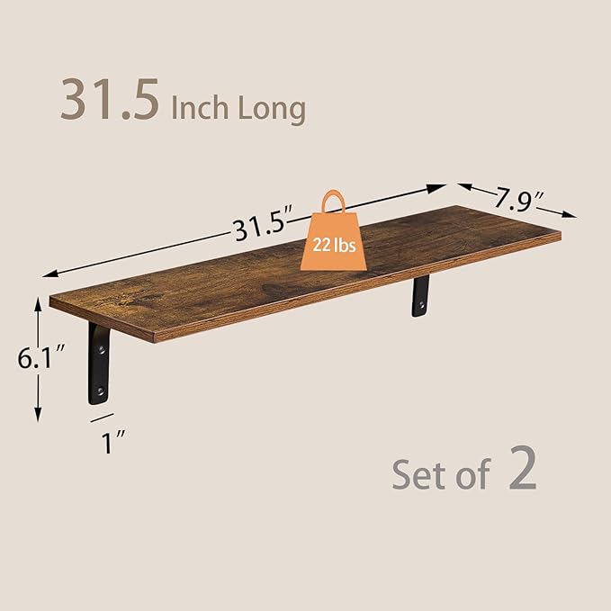 DINZI LVJ Long Wall Shelves, 31.5 Inch Wall Mounted Shelves Set of 2, Easy-to-Install, Wall Storage Ledges with Sturdy Metal Brackets for Living Room, Bathroom, Bedroom, Kitchen, Rustic Brown