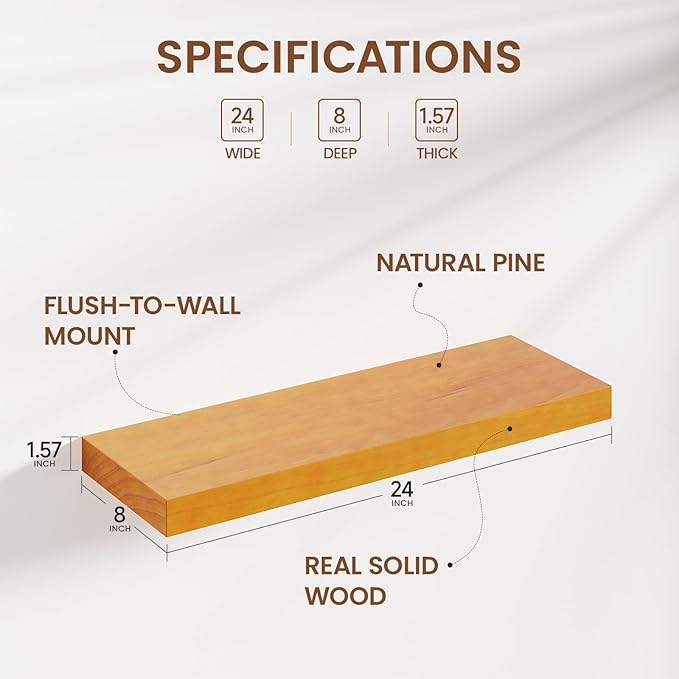 Pine Floating Wall Shelves 24 Inches Long x 8”x 1.4” Wooden Shelf Floating Rustic Farmhouse Decor, Heavy Duty Shelf Hold 60 lbs, Wall Shelves for Bathroom Living Room Kitchen Bedroom Office, Honey Oak