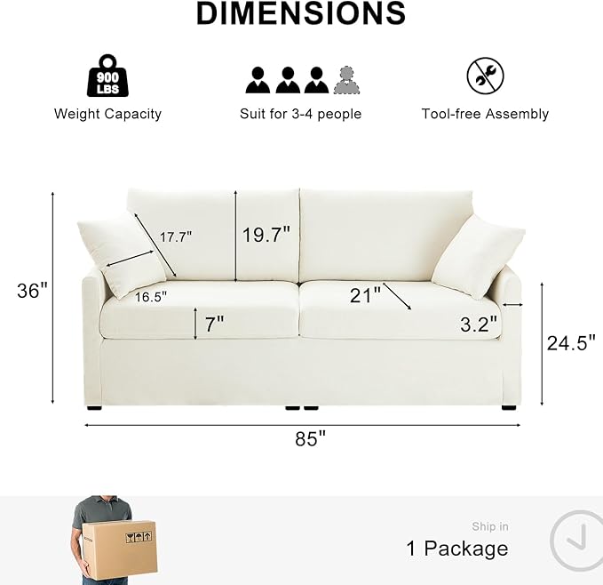 85" Chenille Sofa Couches for Living Room, 3 Seater Sofa with 2 Pillows, Modern Couches Tool-Free Setup, Comfy Oversized Loveseat with Medium Firm Cushions for Small Spaces, Apartment