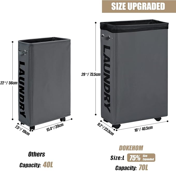 DOKEHOM 29-Inches Enlarged Slim Laundry Basket with Removable Wash Bag on Wheels, Collapsible Rolling Laundry Hamper, Foldable Narrow Corner Clothes Storage Bins (Dark Grey)