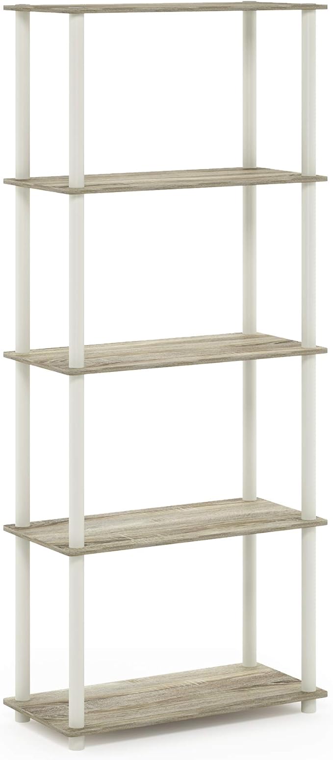 Furinno TURN-N-TUBE Storage Shelves, 5-Tier Book Shelf, Corner Shelf, Toolless Open Shelves, for Organization and Storage, Living Room, Garage, Home Office, Sonoma Oak