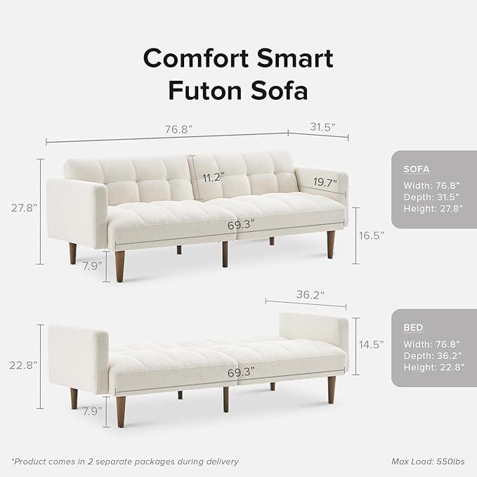 mopio 76.4" Futon Sofa Bed, Couch, Loveseat, Sleeper Sofa, Mid Century Modern Futon Couch, Sofa Cama, Couches for Living Room (Aaron, Pearl White Boucle)