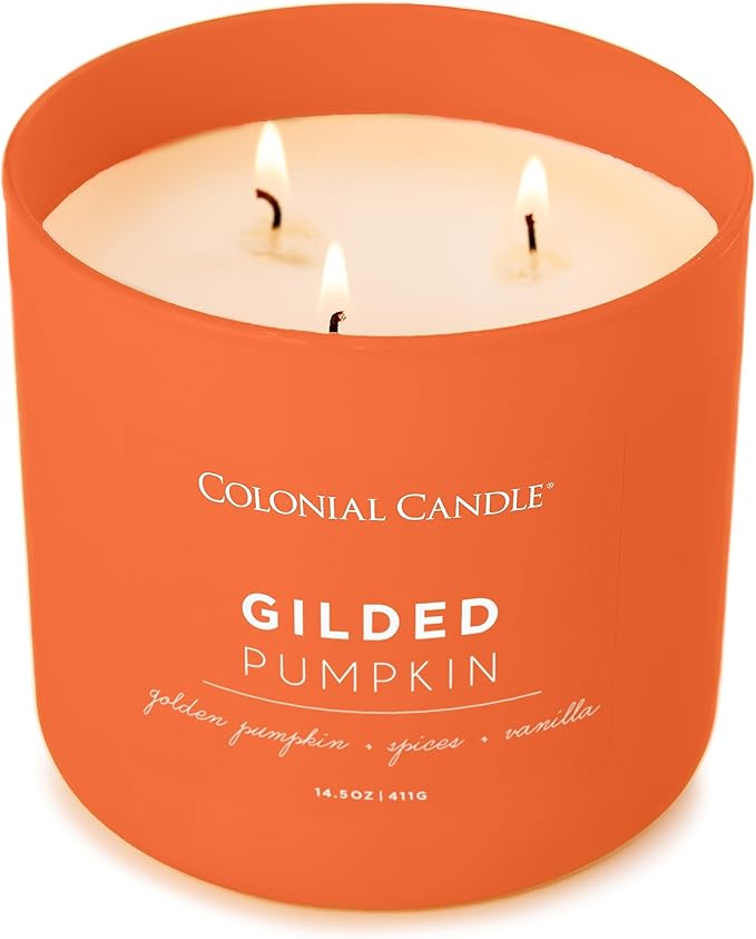 Colonial Candle Gilded Pumpkin Scented Jar Candle, Pop of Color Collection, 3 Wick, Orange, 14.5 oz - Up to 60 Hours Burn