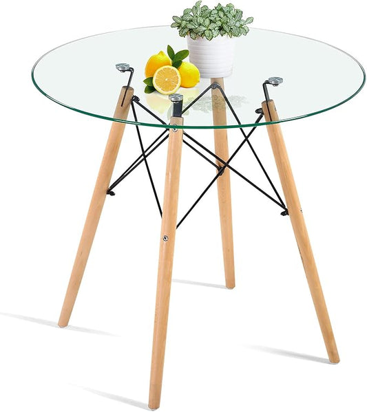 31.5 Inch Small Round Dining Table for 4 People Kitchen Home Modern Leisure Wood Legs Table Glass