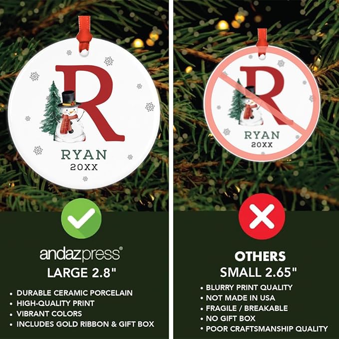 Andaz Press Personalized Christmas Ornaments, Custom Name, Initial R Monogram Snowman 2.8" Ceramic Porcelain 2025 Christmas Ornament Keepsake for Kids, Boys, Girls, 1-Pack Initial Ornaments