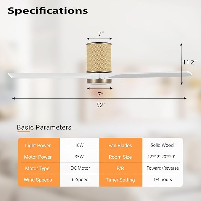 52" Ceiling Fan with Light - Low Profile Flush Mount Ceiling Fan, 6-Speed Remote Control, Solid Wood, Quiet Reversible DC Motor, Boho Style, for Bedroom, Living Room, Porch White/Gold