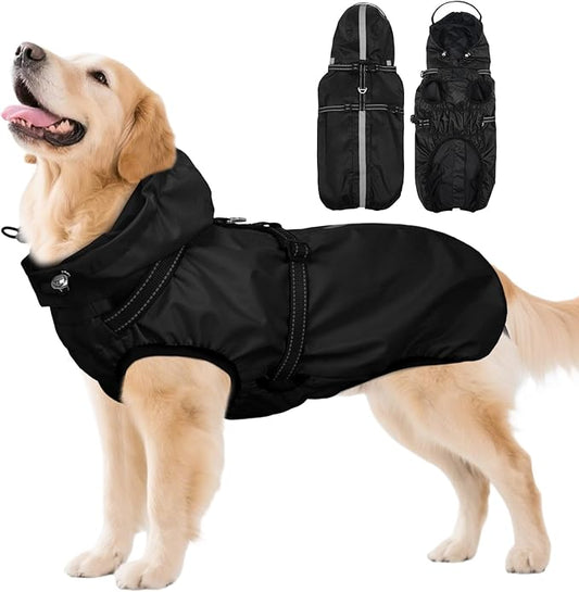 Dog Raincoats for Large Dogs with Hood, Waterproof Dog Rain Jacket with Adjustable Built-in Harness & Back Zipper, Reflective Strip, Removable Hood,for Rainy Walks, Muddy Roads - Black XXXL