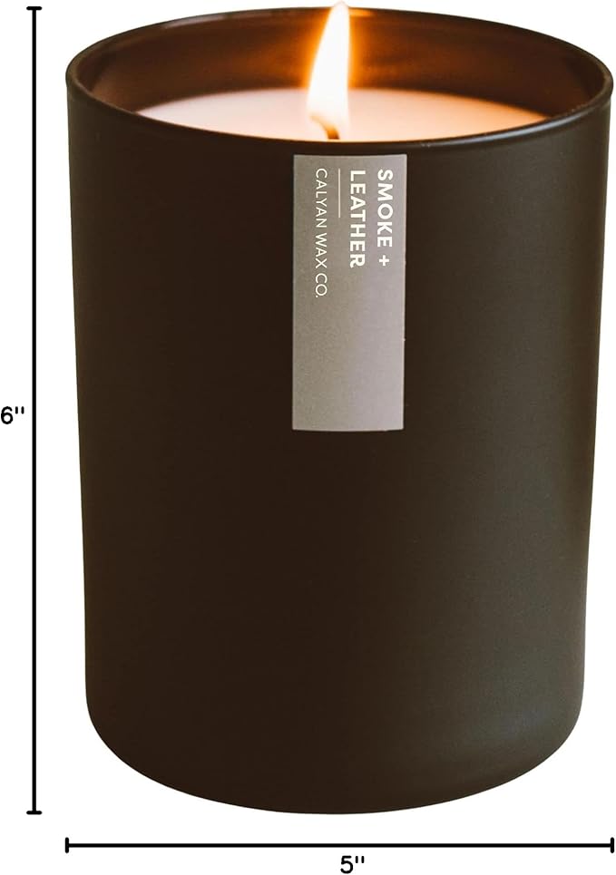Calyan Wax Co. Smoke & Leather Scented Candle - 75 Hour Burn - Luxury Non Toxic Soy Wax Candles - Long Lasting Black Tumbler Jar Candle for Home - 10.2oz