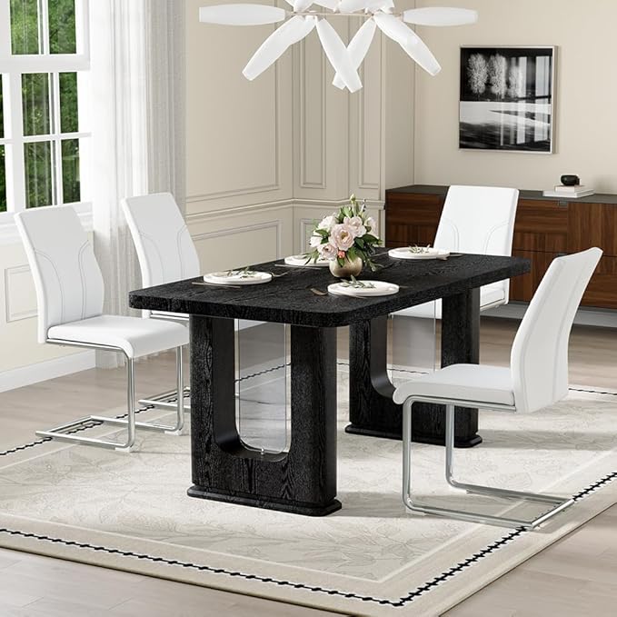 64.5" Black Dining Table Set for 4, Modern Kitchen Table and Chairs Set with PU Leather Cushioned Chairs & Decorative Pedestal Base, 5 Piece Wood Grain Dining Table Set for Dining Room or Kitchen