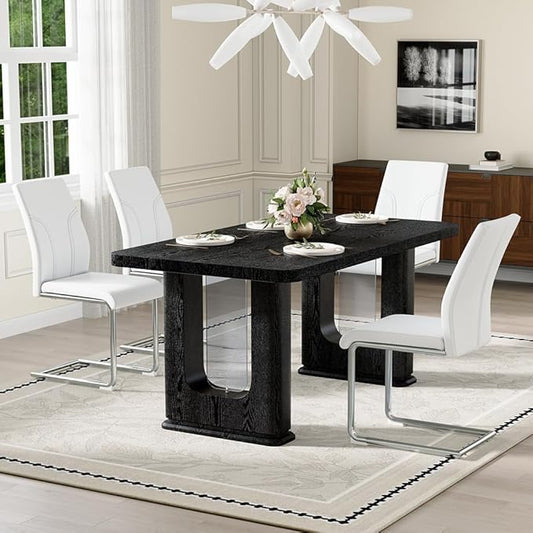 64.5" Black Dining Table Set for 4, Modern Kitchen Table and Chairs Set with PU Leather Cushioned Chairs & Decorative Pedestal Base, 5 Piece Wood Grain Dining Table Set for Dining Room or Kitchen